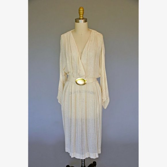 Vtg 70s Ivory Metallic Gold Weave Belted Dress 12P - Picture 2 of 6